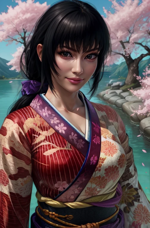 Aoi, black hair, bangs, low ponytail, black eyes,
solo, upper body, close up,  smile, 
 red kimono with floral print, purple hakama, yellow rope belt, middle of lake, cherry blossoms, 
(insanely detailed, beautiful detailed face,beautiful detailed eyes, masterpiece, best quality) 
  <lora:Aoi-10v7:0.8>