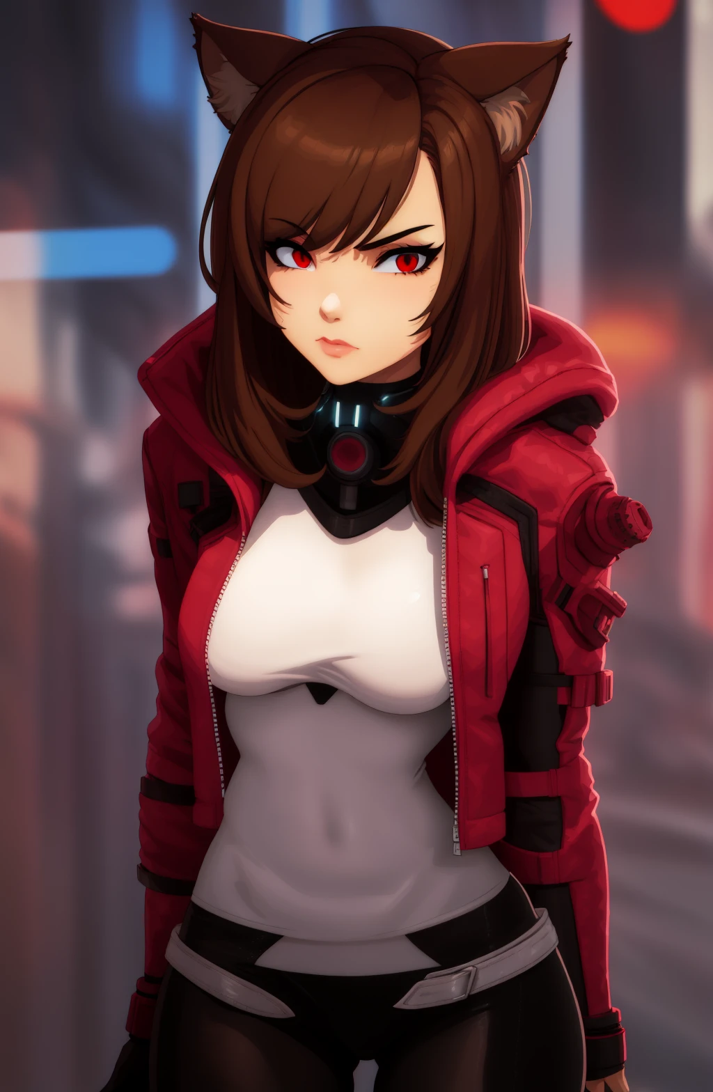 Tovio Rogers style, Tovio Rogers, masterpiece, best quality, colorful, sharp focus, 1girl, waist up, masterpiece, cat ears, brown hair, detailed face+red eyes, cyberpunk coat, leggings, background: cyberpunk style tokyo street, <lora:Tovio Rogers Style-000002:1>