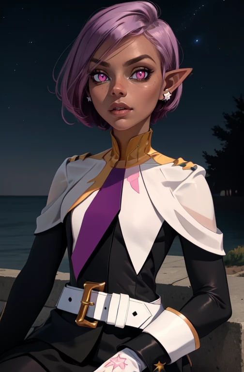 Psychic, short lavender hair , pink eyes,pointy ears , flat chest,
upper body, sitting,
white gloves, earrings, white belt , black uniform with long sleeves ,
stars, military base, night, outdoors,
(insanely detailed, beautiful detailed face,beautiful detailed eyes, masterpiece, best quality)
<lora:Psychic-10v6:0.8>