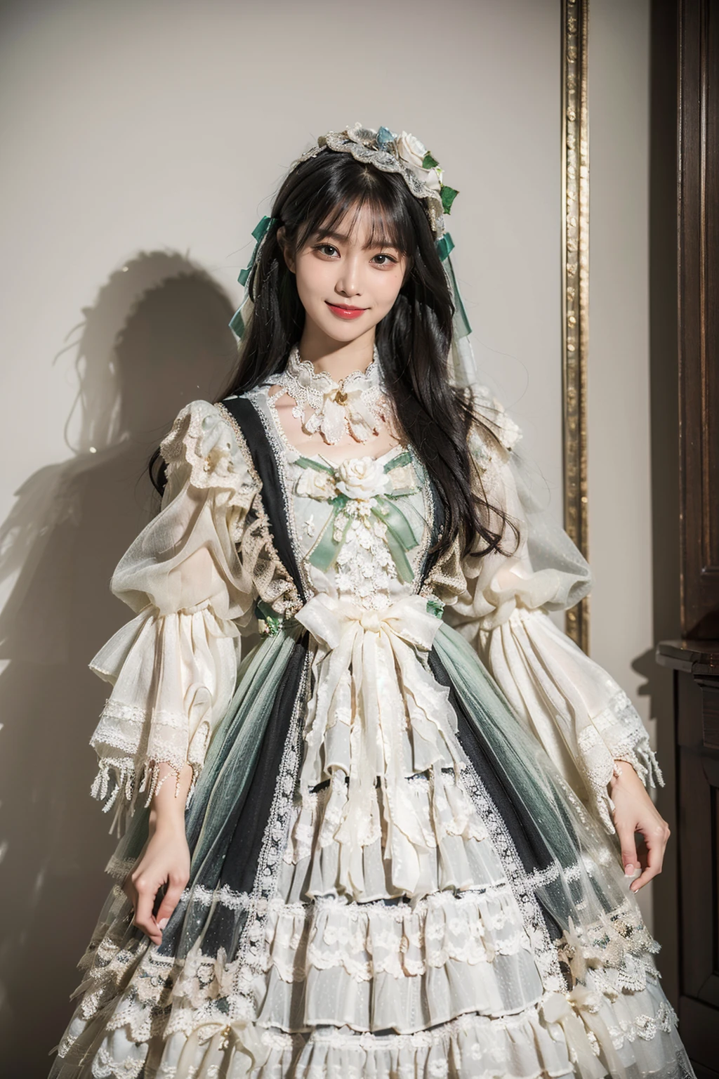 best quality, masterpiece, photorealistic, 1girl, solo, cowboy shot, standing, black hair, straight hair, blunt bangs, looking at viewer, smile, green dress, lo dress, layered dress, long dress, lace-trimmed dress, frills, lace, long sleeves, puffy sleeves, wide sleeves, see-through sleeves, veil, hair ornament, <lora:lo_dress_classic_style2_v2:0.65>