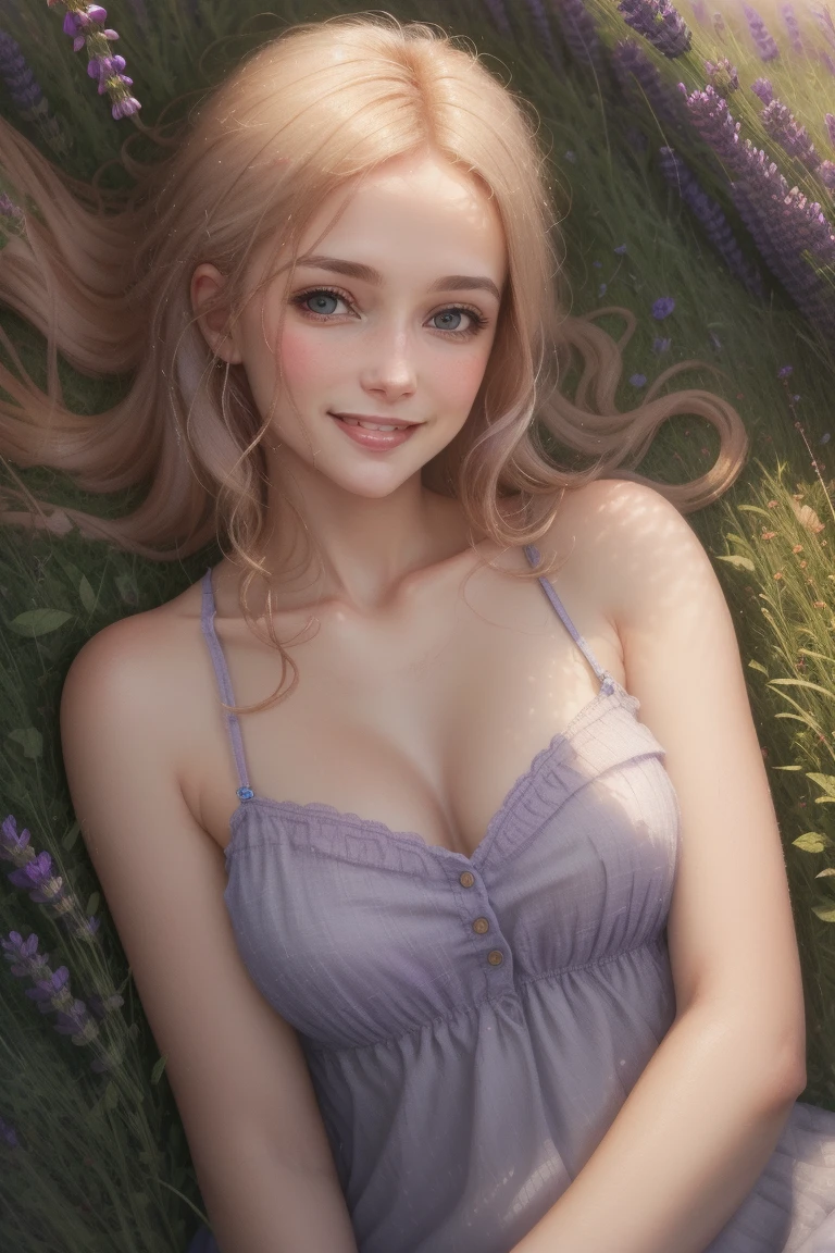 a field of lavender, early summer, a young woman with strawberry blonde hair, pale blue sundress, on her back on the ground surrounded by lavender, flirting, smiling softly, glancing at viewer, digital painting, Magic realism, hyper realism, official art, dynamic angle, hdr, highest detail], Summer color palette, soft light, natural light Embedding: fcHeatPortrait