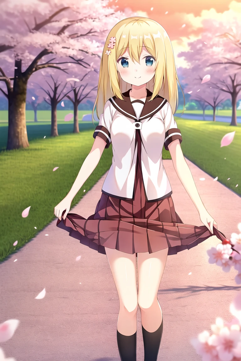 highres, high quality, 1girl, evans charlotte, smile, nanamori uniform, skirt hold, outdoors, cherry blossoms, falling petals, evening, standing