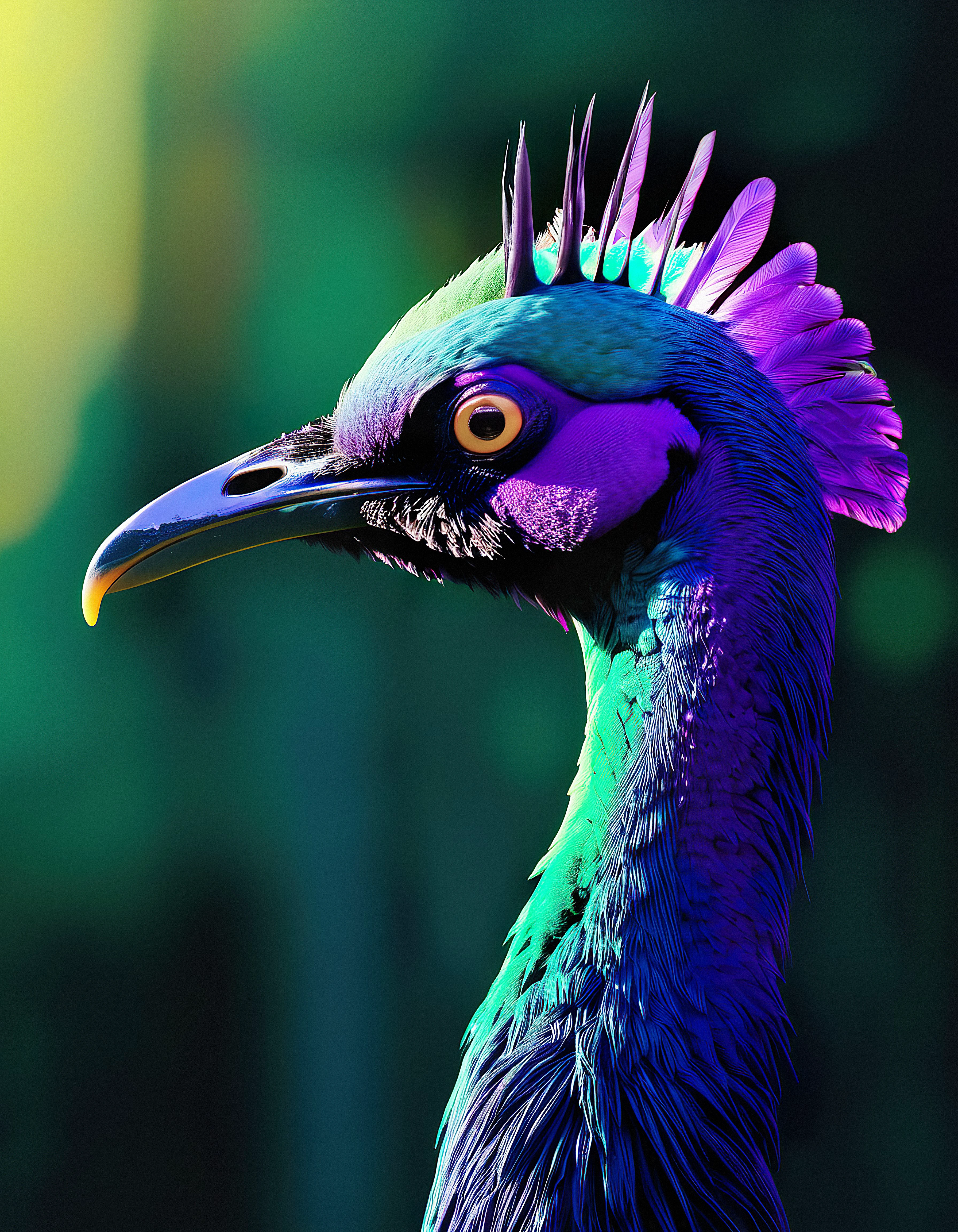 backlight, morning light, majestic exotic bird head, vibrant colorful blue green purple, nature documentary 8k