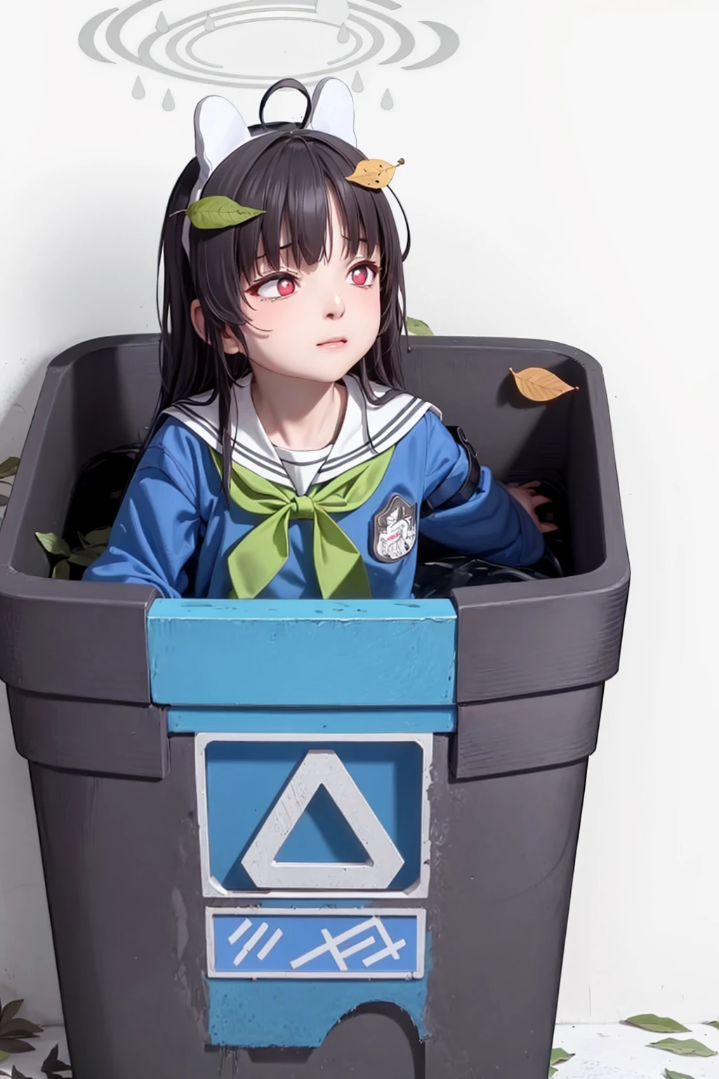 masterpiece, best quality, <lora:KasumizawaMiyu:0.8>,trash can,in contain,miyu \(blue archive\), 1girl,halo,leaf on head, ahoge,animal ears,black hair,long hair,red eyes,green neckerchief,blue school uniform,sailor collar,long sleeves,pleated skirt,white pantyhose,grey background