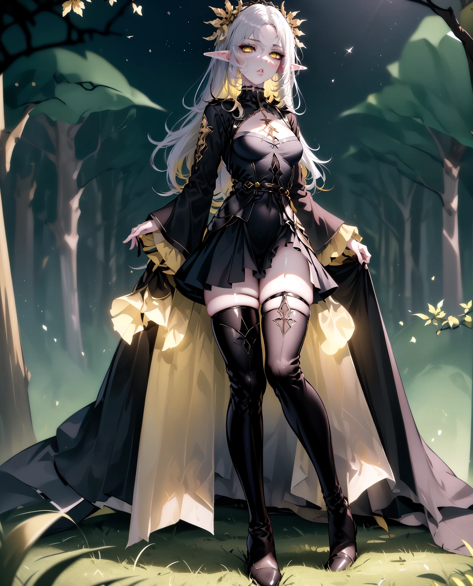 ((masterpiece, best quality, high detailed:1.2)), 8k uhd, 1girl, slender, solo, <lora:IseriaV4-08:0.8>, witch iseria, ((parted lips:1.2)), cleavage, (medium breasts), long hair, ((multicolored hair, white hair, yellow hair, elf)), ((black dress, thigh boots:1.4)), forest, ((full body, looking at viewer:1.2)), daylight, vivid colors, (scar)