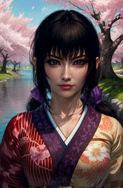 Aoi, black hair, bangs, low ponytail, black eyes,
solo, upper body, close up,
red kimono with floral print, purple hakama, yellow rope belt, tabi, sandals, arena in middle of lake, cherry blossoms,
(insanely detailed, beautiful detailed face,beautiful detailed eyes, masterpiece, best quality)
<lora:Aoi-10v7:0.8>
