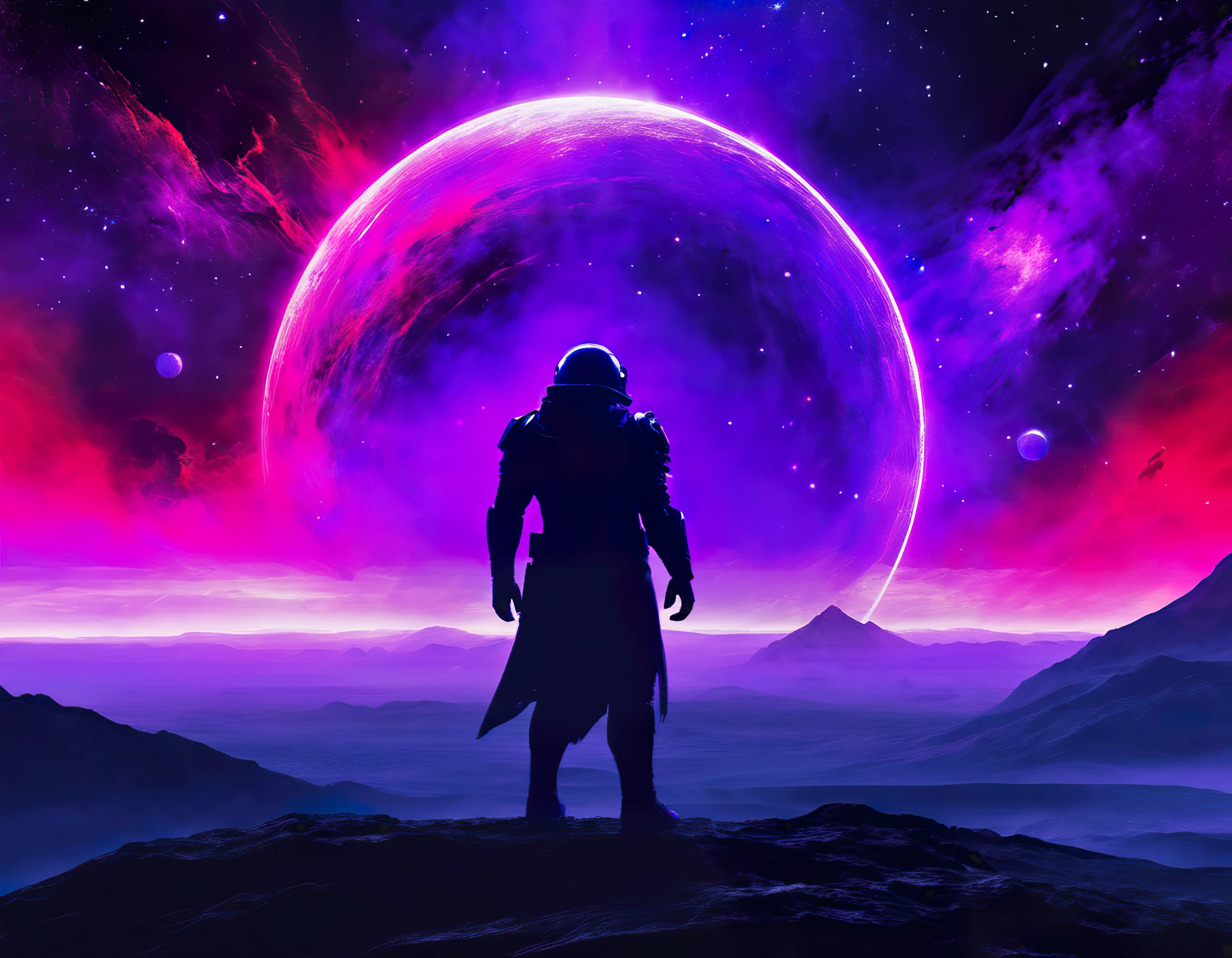 concept art epic dark scifi futuristic fantasy god in purple red nebula, barren black landscape background, digital artwork, illustrative, painterly, matte painting, highly detailed