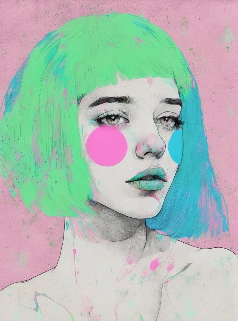 a drawing of a woman with pink and blue hair and a pink and green background with a pink spot, Conrad Roset, digital portrait, an ultrafine detailed painting, pop art, pop surrealism , <lora:Graphic_Portrait:0.75>