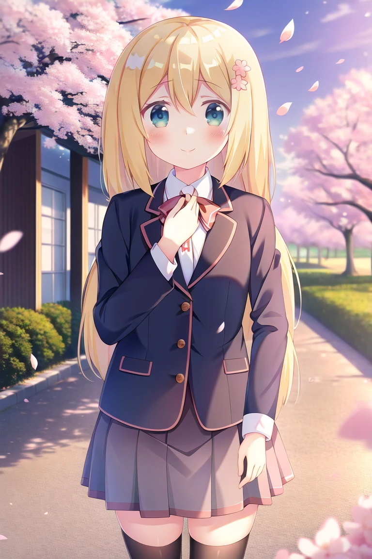 highres, high quality, 1girl, evans charlotte, smile, onimai uniform, blazer, outdoors, cherry blossoms, falling petals, evening, standing