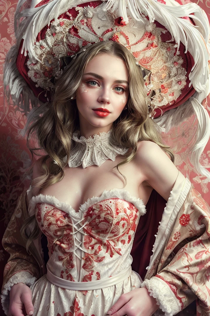 (dynamic pose:1.2),(dynamic camera),photo RAW,((young skinny smile a woman with long white hair and a white hat),(look to viewer),(full red lips),(Olive Wallpaper with a fluff vintage pattern in the background:1.3)),masterpiece, best quality, highly detailed, rule of third, soft lighting, beautiful detailed, insanely intricate details, perfect lighting, incredible detail, artstation trending, hypermaximalistic, high details, natural balance color,8k, ultra detailed, beautiful and aesthetic, extremely detailed, the most beautiful form of chaos, elegant, vivid colours, romanticism, atmospheric, <lora:add_detail:0.25>, in the style of intimacy, dreamscape portraiture,  solarization, shiny kitsch pop art, solarization effect, reflections and mirroring, photobash, (composition centering, conceptual photography), (natural colors, correct white balance, color correction, dehaze,clarity)