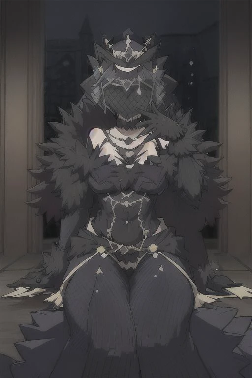 fullbody ,pose , Gremory,pose, dark A-line dress, a veil that covers most of her face, faux fur wrap shawl on her shoulder, black glove, hat with crown ,necklace ,choker , moonlight, masterpiece, best quality,<lora:2R 12E CosineRestart Animefullpruned Locon Lycoris:0.4> , sitting, seat, indoor, castle , (looking at viewer:1.5), enter of the picture, night, moon, moonlight