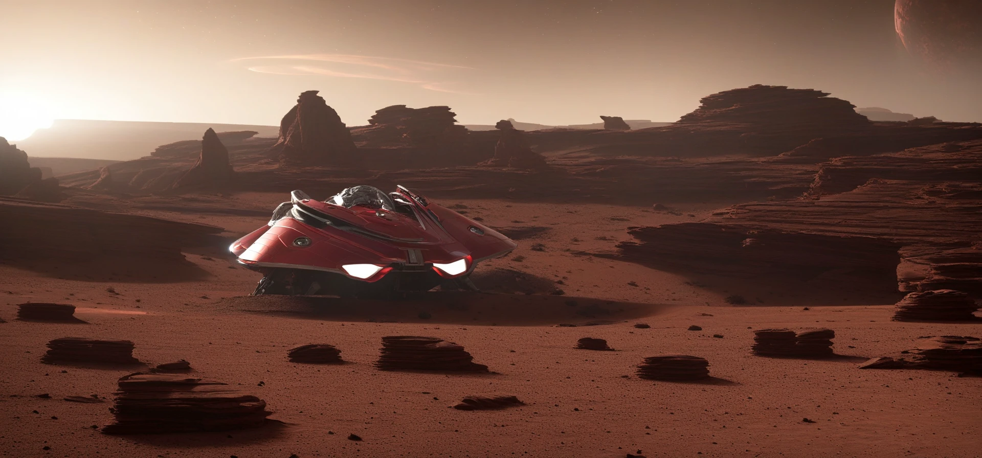 realistic cinematic shot of an origin 400i 600i spaceship landed on an alien landscape, elegant curves spaceship, aerodynamic, red thrusters, thruster trail, atmosphere glow, outpost, cliffs, arid climate, tundra, science fiction, star citizen cinematic lighting, clouds, thrusters, film grain, imax