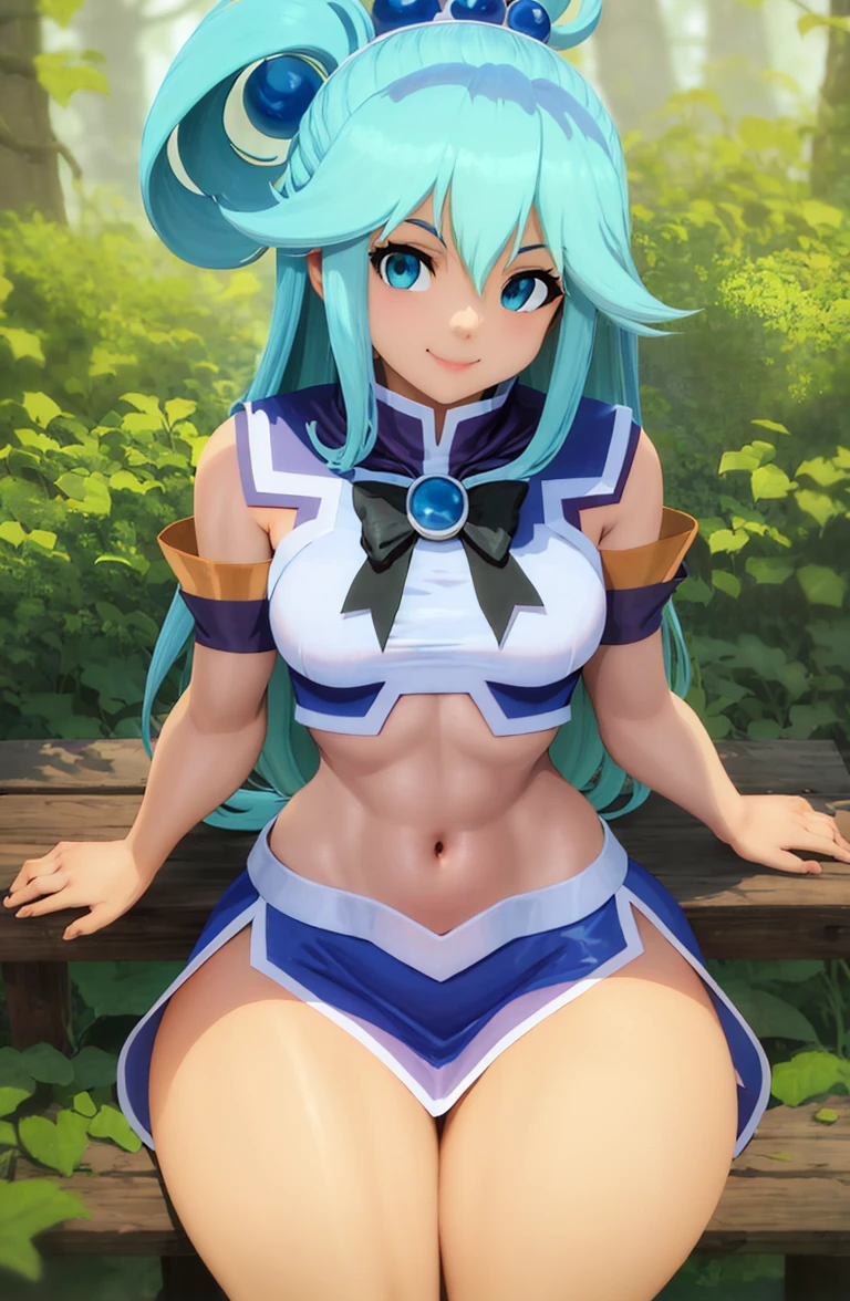 Tovio Rogers style, Tovio Rogers, masterpiece, best quality, colorful, sharp focus, 1girl,  masterpiece,  tall, forest, sitting, crossed legs, small breasts, smile, cute face, looking at viewer, long hair, aqua hair, blue eyes, aqua \(konosuba\), detailed navel <lora:Tovio Rogers Style-000002:1>