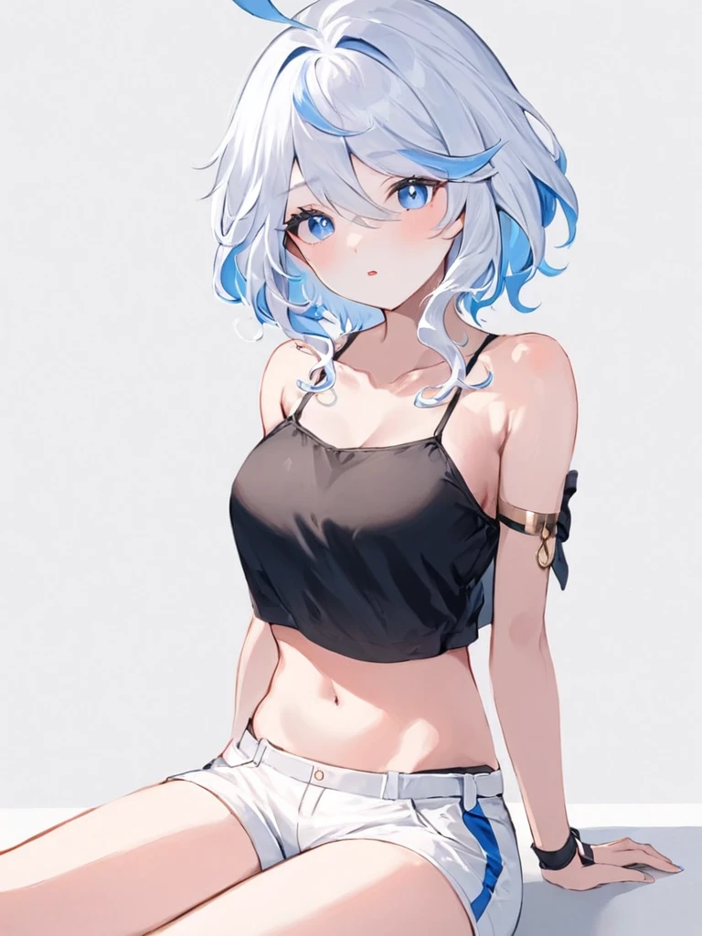 ultra-detailed,(best quality),((masterpiece)),(highres),original,extremely,<lora:shuishenx_xl:1>,funingna, 1girl, breasts, crop top, solo, looking at viewer, blue eyes, white shorts, shirt, long hair, cleavage, shorts, bare shoulders, thigh strap, black shirt, midriff, sitting, sleeveless, sleeveless shirt, thighs, parted lips, collarbone, medium breasts, short shorts, white background, white shirt, off shoulder