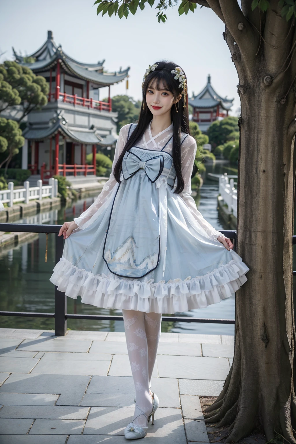 best quality, quality, masterpiece, photorealistic, 1girl, solo, standing, full body, black hair, straight hair, looking at viewer, smile, hair ornament, cyb dress, chinese clothes, frills, halter dress, long sleeves, white print legwear, high heels, chinese garden, flower, tree, detailed background, <lora:cns_attire_vol2_style3_v1:0.6>