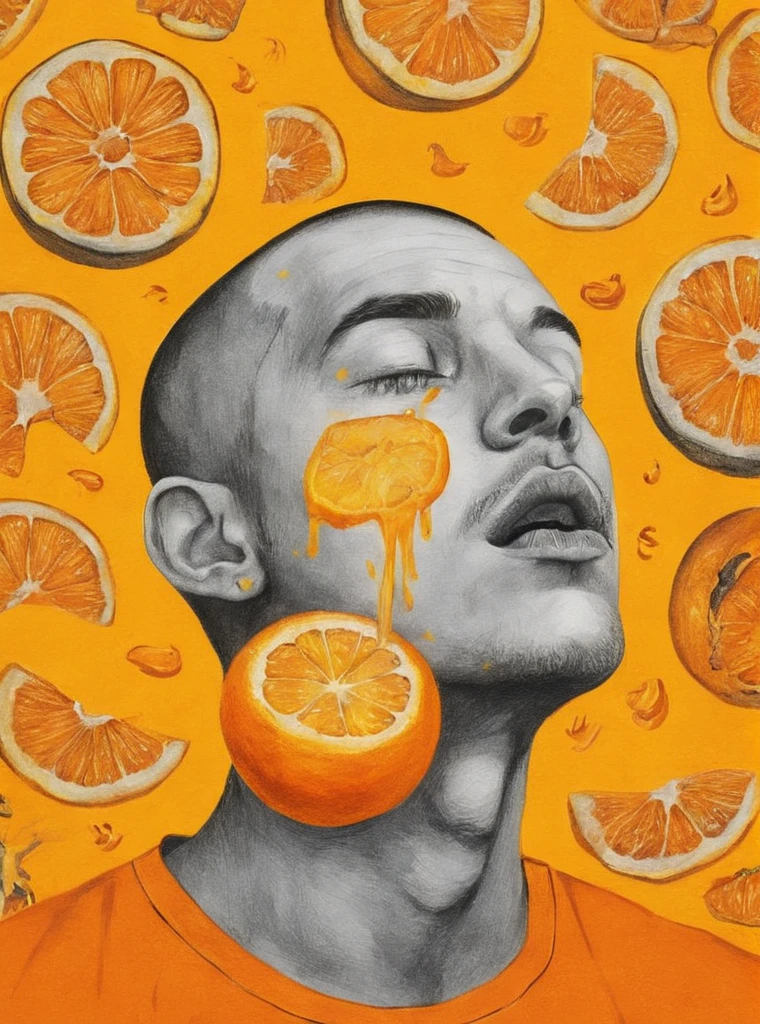 closed eyes, food, male focus, orange background, orange theme, traditional media, yellow background, yellow theme , pop surrealism , <lora:Graphic_Portrait:0.75>