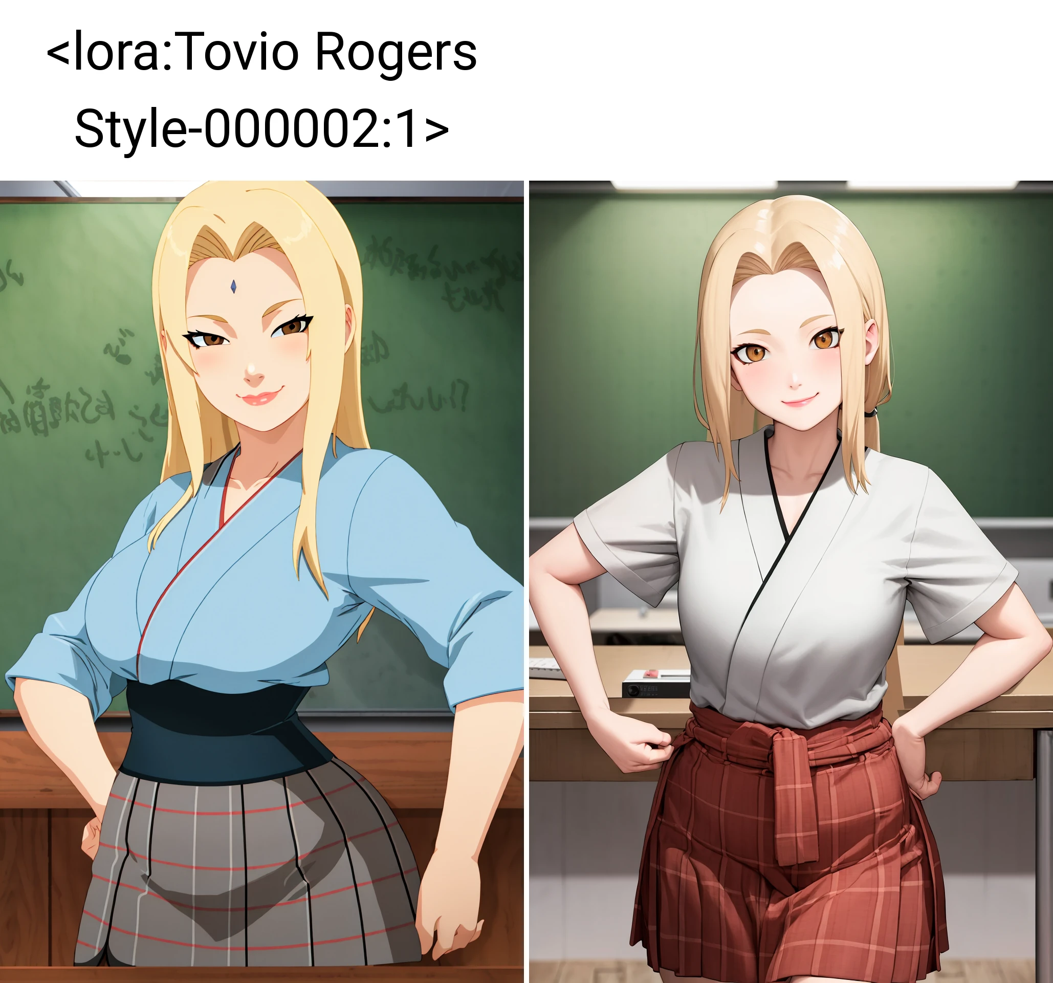 Tovio Rogers style, Tovio Rogers, masterpiece, best quality, colorful, sharp focus,1girl, waist up, brown eyes, smile, lips, blonde hair, closed mouth, looking at viewer, wide hips, wearing a Japanese school uniform, plaid skirt, background: Japanese classroom, green chalkboard, desks, computers, ceiling lights, solo, <lora:Tovio Rogers Style-000002:1>, <lora:tsunadeV1ANYTHINK70:0.5>