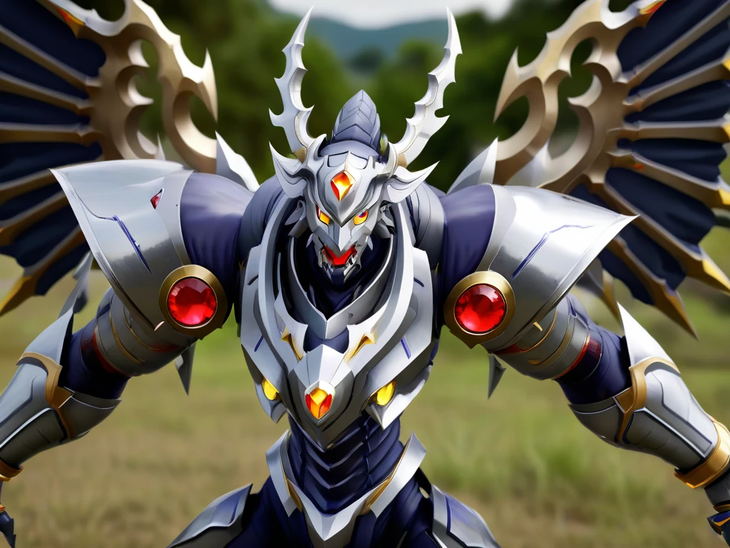 upper body,solo,dorugoramon,cropped,fighting stance,outdoors,wings,horns,yellow eyes,forehead gem,red gem,raw photo,8k,cinematic shot,realistic,<lora:DORUgoramonXL:0.8>