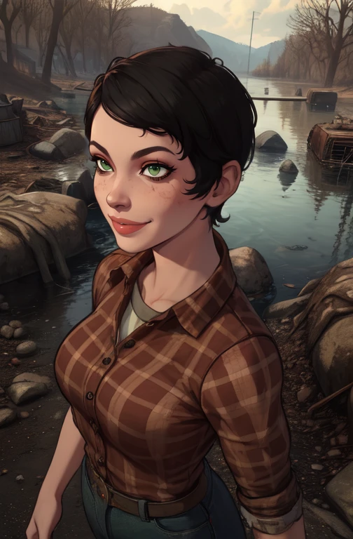 curie, short hair, black hair, green eyes, smile,
red flannel, jeans, dirty clothes,
wasteland, lake,
standing, upper body,
(insanely detailed, beautiful detailed face, masterpiece, best quality), <lora:curie:0.8>