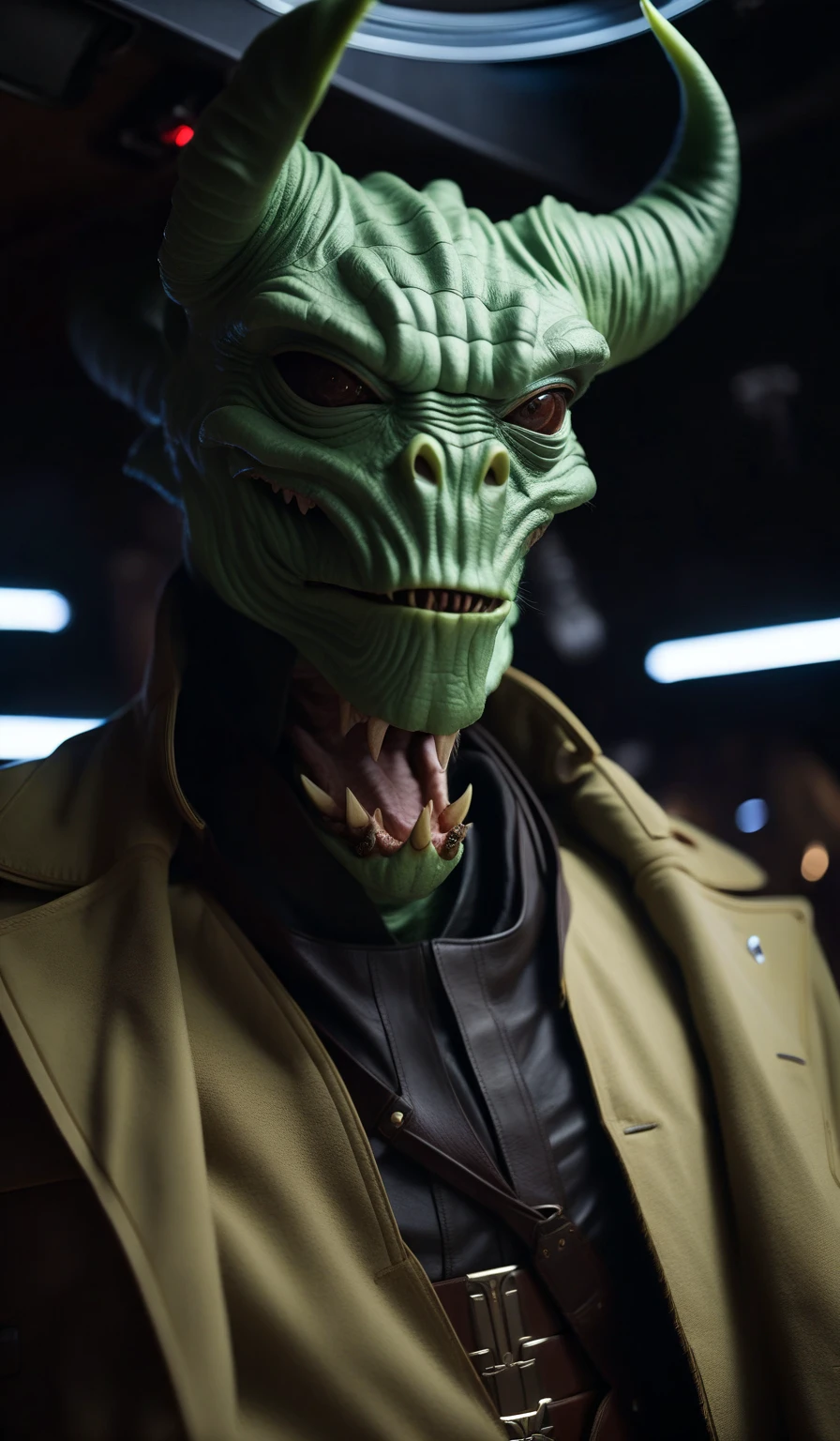 cowboy shot of an alien monster wearing a science fiction outfit, cinematic lighting, indoors, futuristic interior design background, cinematic  dark, creepy, spooky, scary, star wars