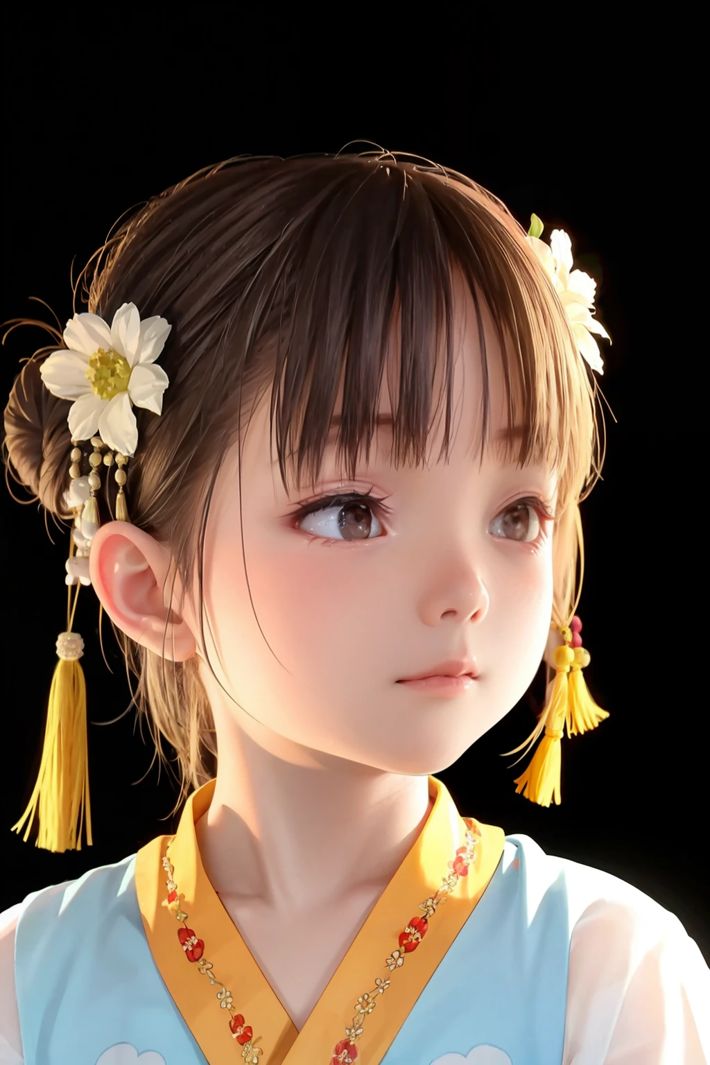 masterpiece, best quality,1girl, solo, brown hair, brown eyes, black background, bangs, hair ornament, lips, upper body, simple background, chinese clothes, looking to the side, flower, blunt bangs, closed mouth, floral print, looking away, hair bun, nose, hanbok, single hair bun, black eyes, portrait, short hair, hair flower, hair stick,