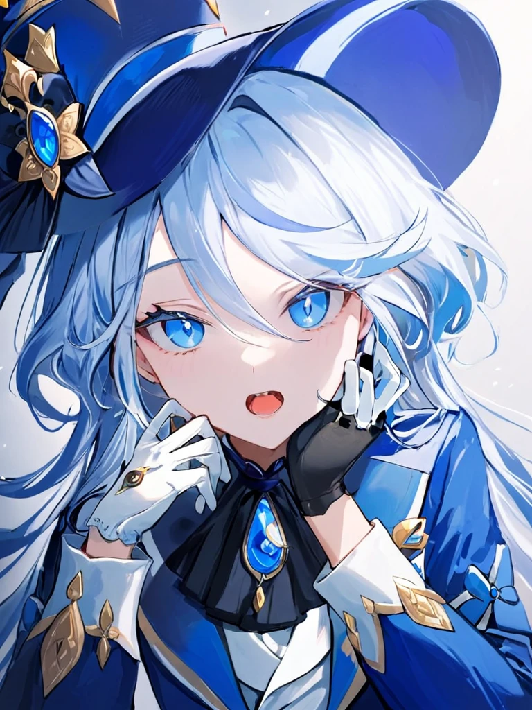 ultra-detailed,(best quality),((masterpiece)),(highres),original,extremely,<lora:shuishenx_xl:1>,funingna, blue eyes, gloves, solo, long hair, looking at viewer, 1girl, holding, long sleeves, hat, white gloves, jacket, hand on own face, open mouth, ascot, blue jacket, :o, upper body, shirt, hand on own cheek, brooch, teeth, blue headwear, dutch angle, white shirt, black ascot