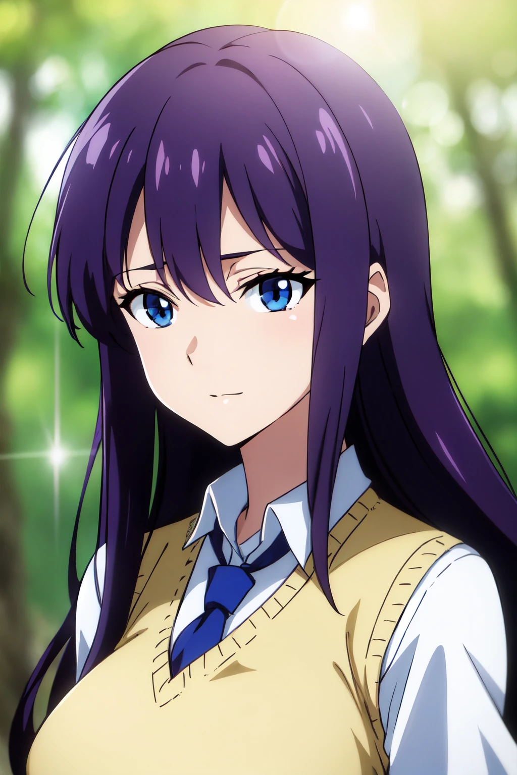 masterpiece, best quality, solo, anime screencap, mature female,
long hair, purple hair, blue eyes, white shirt, necktie, large breasts, sweater vest,
depth of field, blurry background, forest, portrait, wind, lens flare, good hands,