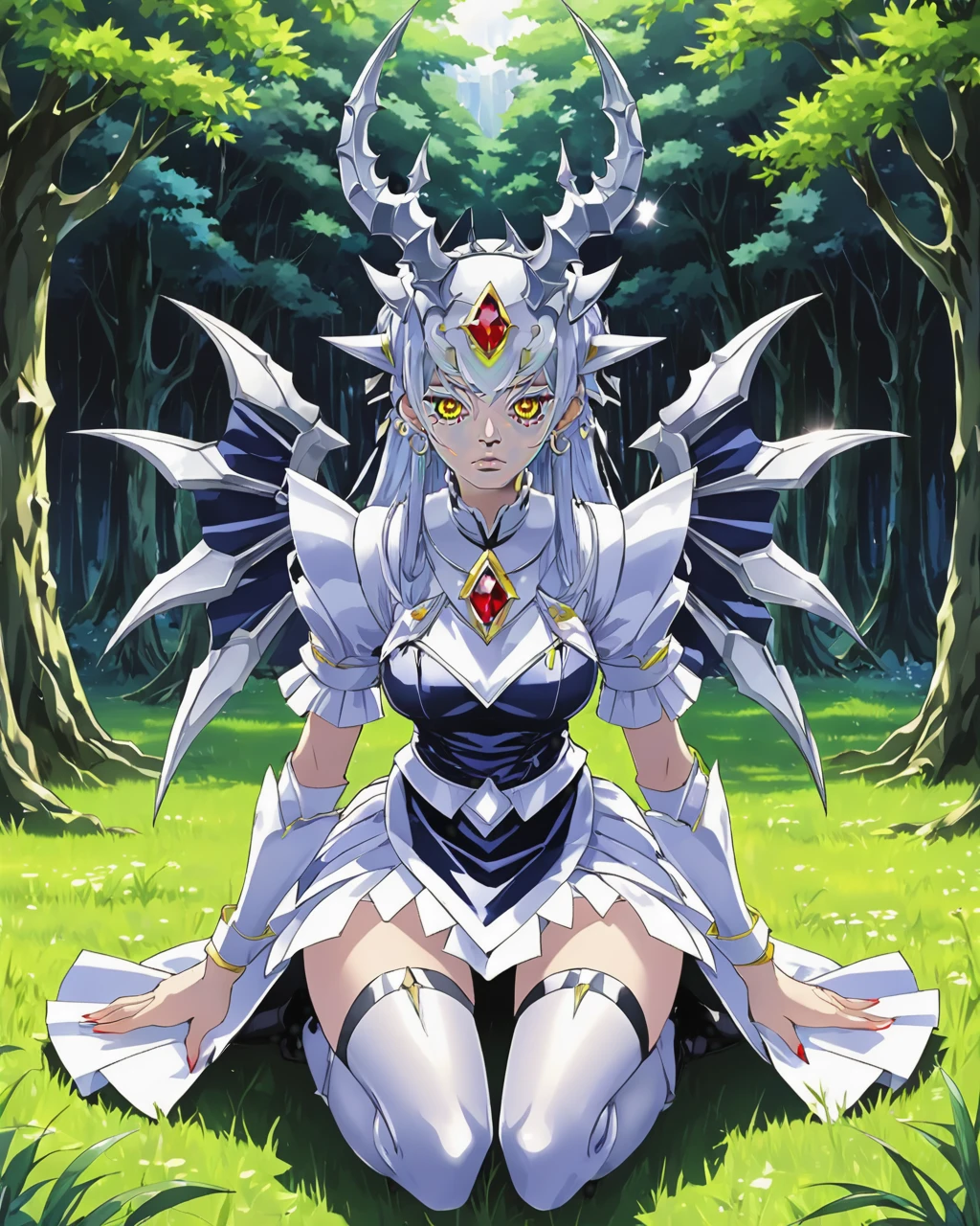 :3,sitting on ground,looking at veiwer,full body,solo,dorugoramon maid,dress,maid headdress,forest,outdoors,wings,yellow eyes,horns,forehead gem,red gem,2d,anime,scene from kobayashi-san chi no maidragon,<lora:DORUgoramonXL:0.7>