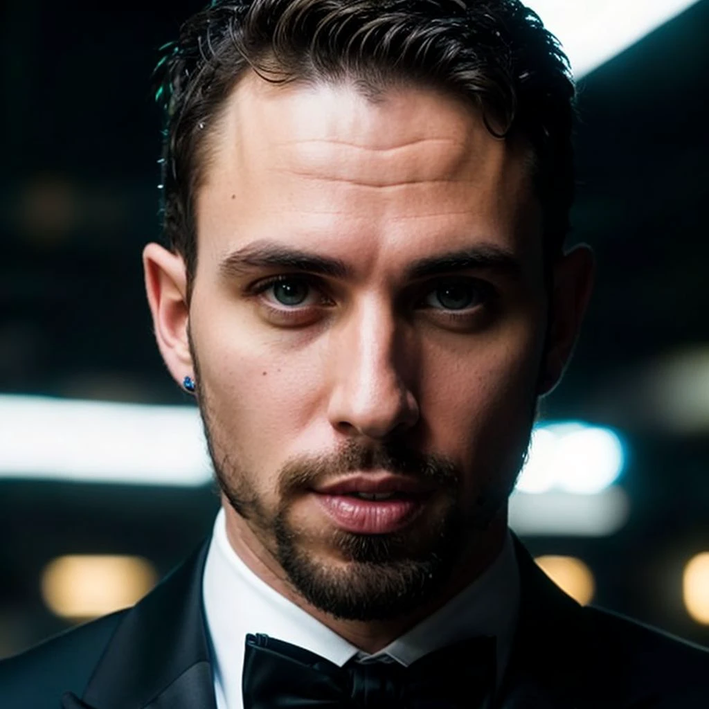 face portrait of jakeorion person using a tuxedo, in blade runner, professional photography, high resolution, 4k, detailed photo, <lora:jakeorion_26550:1>