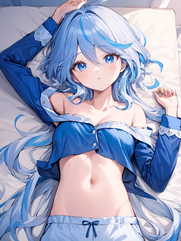 ultra-detailed,(best quality),((masterpiece)),(highres),original,extremely,<lora:shuishenx_xl:1>,funingna,1girl,solo,blue eyes,lying,long hair,on back,navel,looking at viewer,long sleeves,off shoulder,arm up,bare shoulders,breasts,closed mouth,pajamas,shirt,twitter username,collarbone,blue shirt,two-tone hair,pants,on bed,bed sheet,