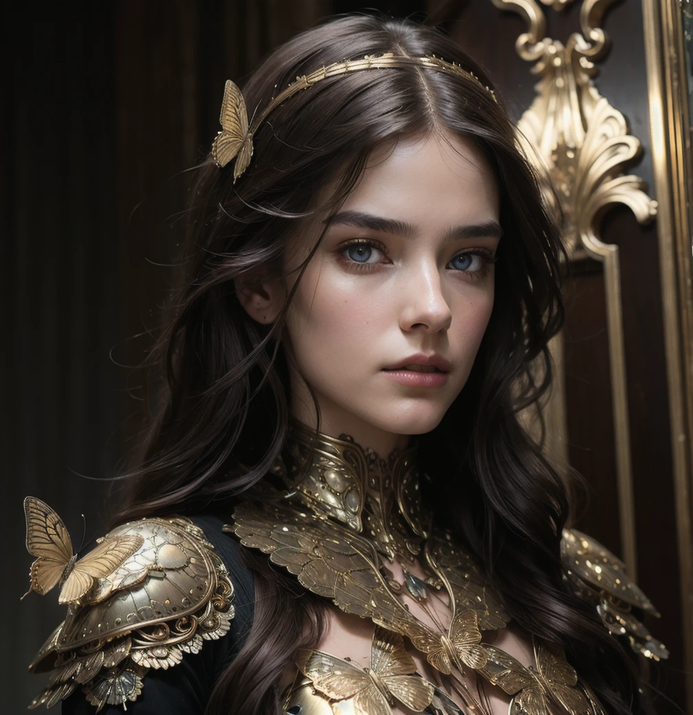 8k portrait of beautiful cyborg with brown hair, intricate, elegant, highly detailed, majestic, digital photography, art by artgerm and ruan jia and greg rutkowski surreal painting gold butterfly filigree, broken glass, (masterpiece, sidelighting, finely detailed beautiful eyes: 1.2), hdr