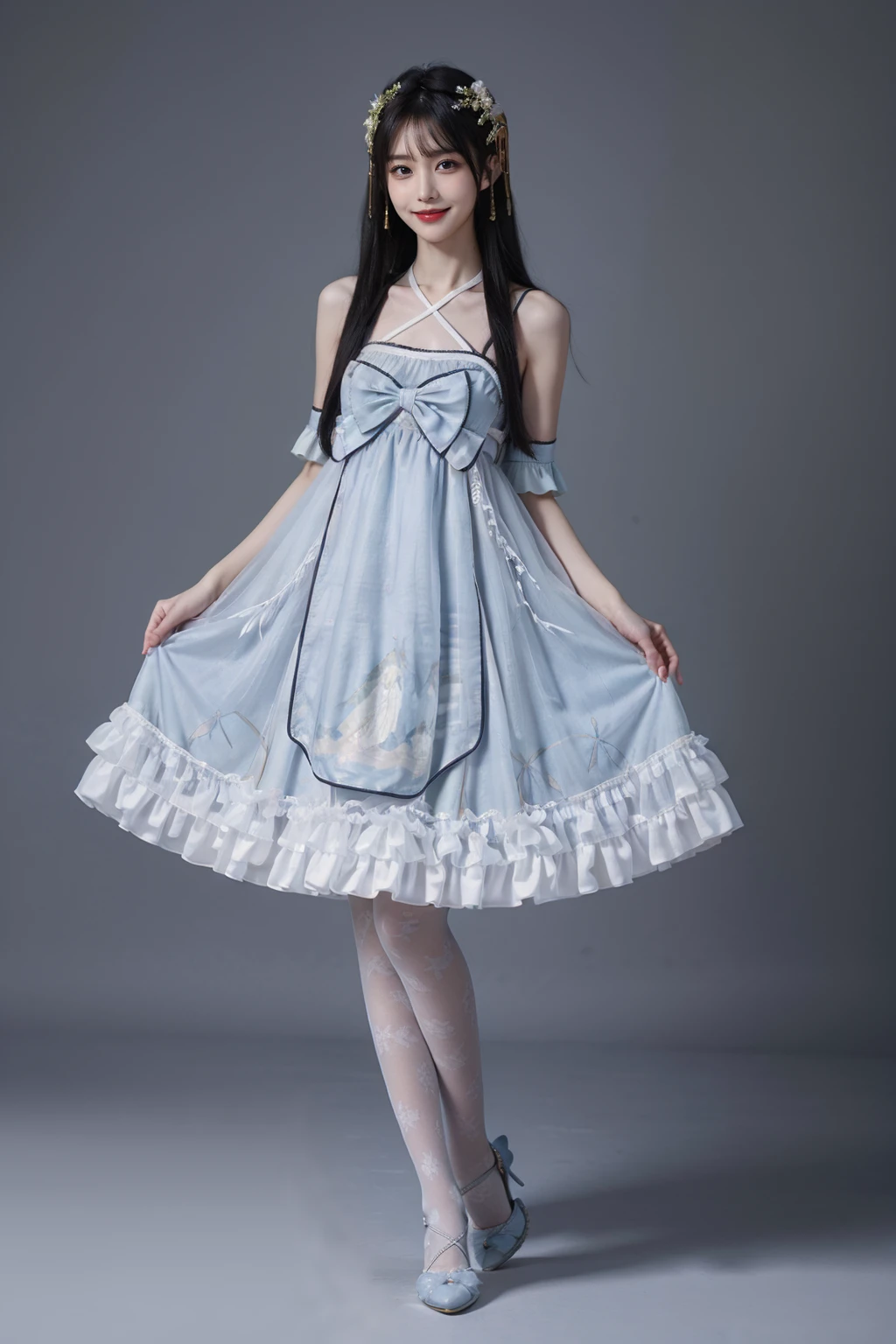 best quality, quality, masterpiece, photorealistic, 1girl, solo, standing, full body, black hair, straight hair, looking at viewer, smile, hair ornament, cyb dress, chinese clothes, frills, halter dress,  print legwear, high heels, simple background, <lora:cns_attire_vol2_style3_v1:0.6>