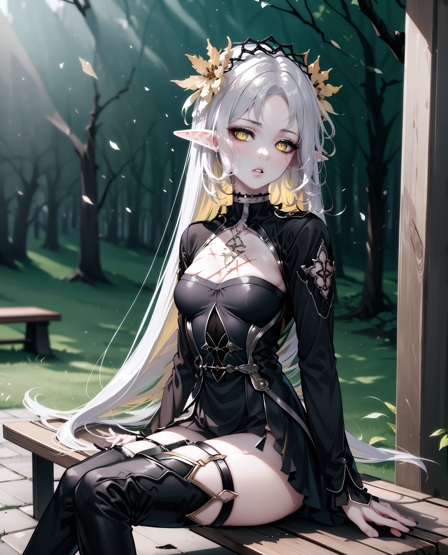 ((masterpiece, best quality, high detailed:1.2)), 8k uhd, 1girl, slender, solo, <lora:IseriaV4-08:0.8>, witch iseria, ((parted lips:1.2)), cleavage, (medium breasts, hair flower), long hair, ((multicolored hair, white hair, yellow hair, elf)), ((black dress, thigh boots:1.4)), forest, ((upper body, looking at viewer, sitting, bench:1.2)), daylight, vivid colors, (scar)