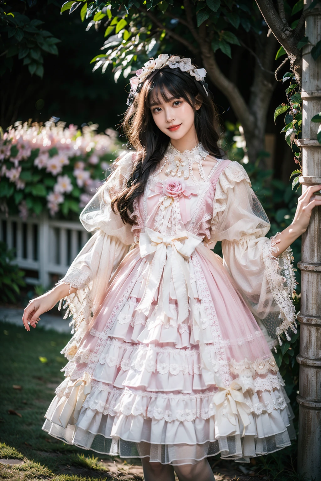 best quality, masterpiece, photorealistic, 1girl, solo, standing, black hair, straight hair, blunt bangs, looking at viewer, smile, pink dress, lo dress, layered dress, long dress, lace-trimmed dress, frills, lace, long sleeves, puffy sleeves, wide sleeves, see-through sleeves, veil, hair ornament, in garden, flower, detailed background, <lora:lo_dress_classic_style2_v2:0.65>