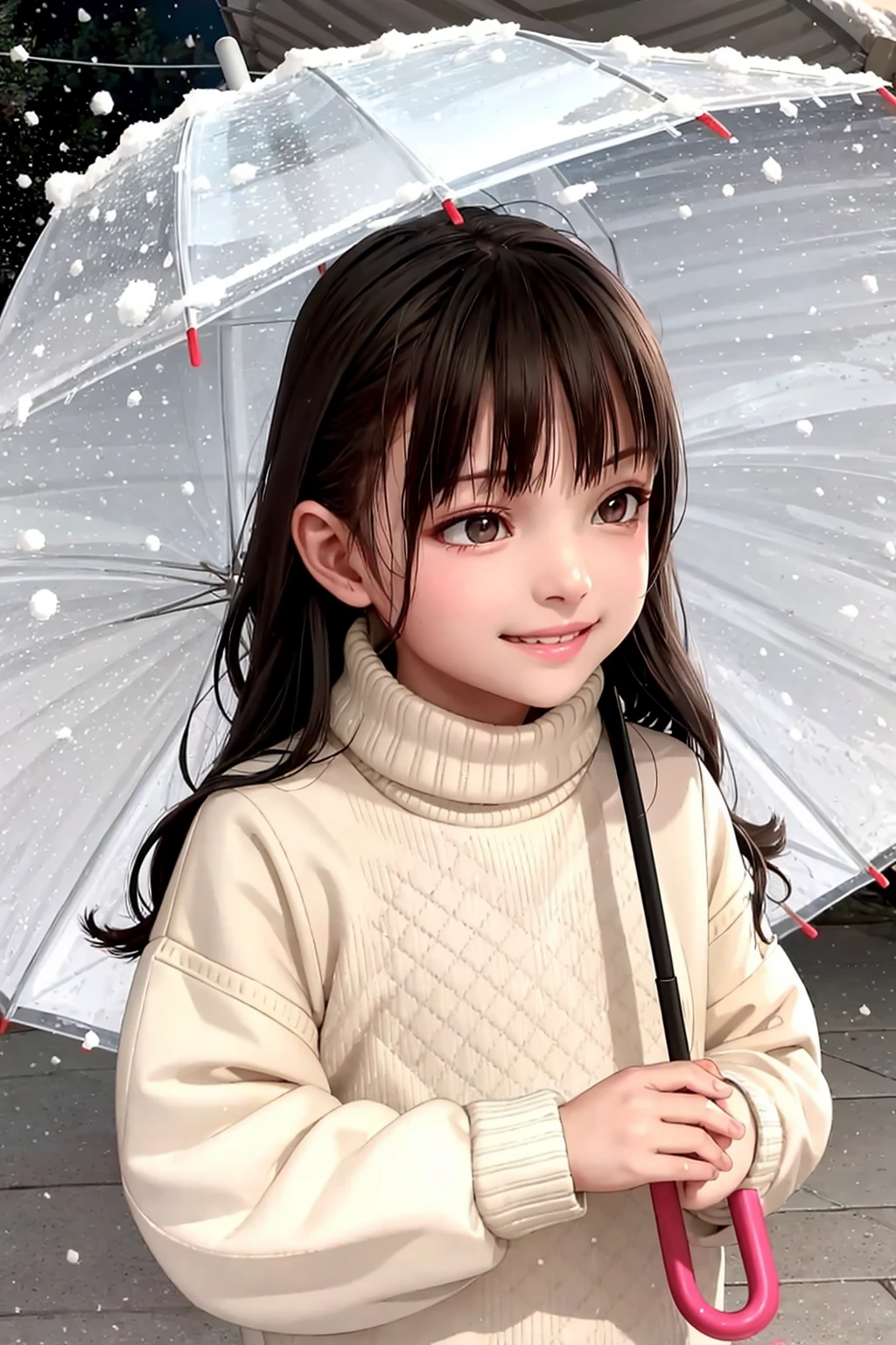 masterpiece, best quality,1girl, solo, umbrella, sweater, brown hair, holding umbrella, snowing, snow, upper body, long hair, holding, white sweater, bangs, long sleeves, black hair, smile, brown eyes, black eyes, lips,