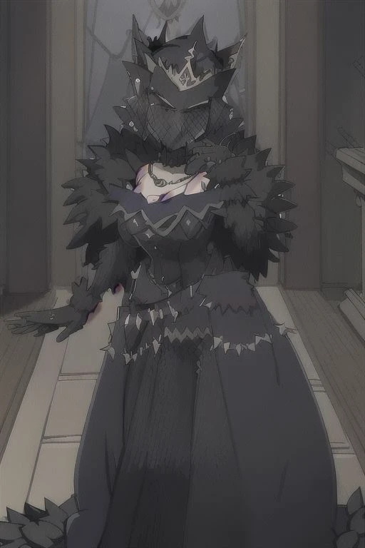 fullbody ,pose , Gremory,pose, dark A-line dress, a veil that covers most of her face, faux fur wrap shawl on her shoulder, black glove, hat with crown ,necklace ,choker , moonlight, masterpiece, best quality,<lora:2R 12E CosineRestart Animefullpruned Locon Lycoris:0.4> , indoor, castle , (looking at viewer:1.5), center of the picture, night, moon, moonlight