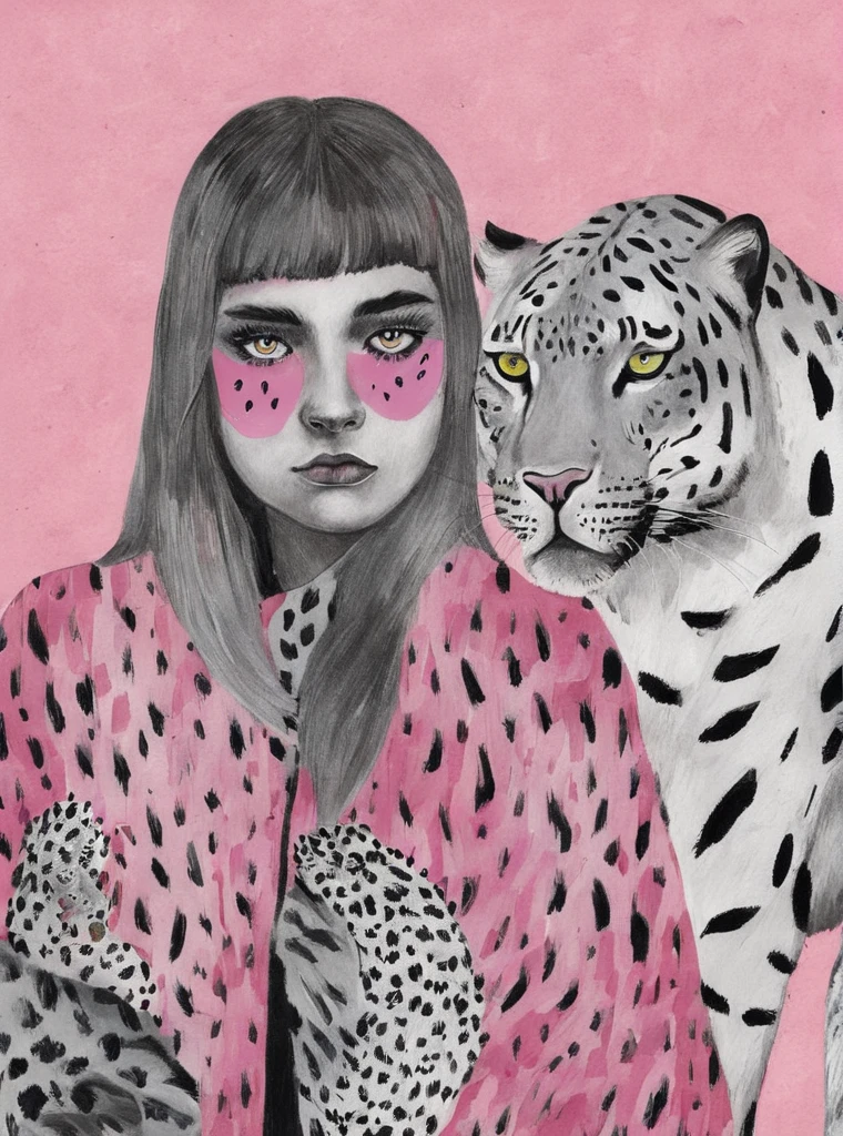 feminist art , 1girl, animal print, black eyes, leopard print, long hair, looking at viewer, pink background, solo, tiger, <lora:Graphic_Portrait:0.75>