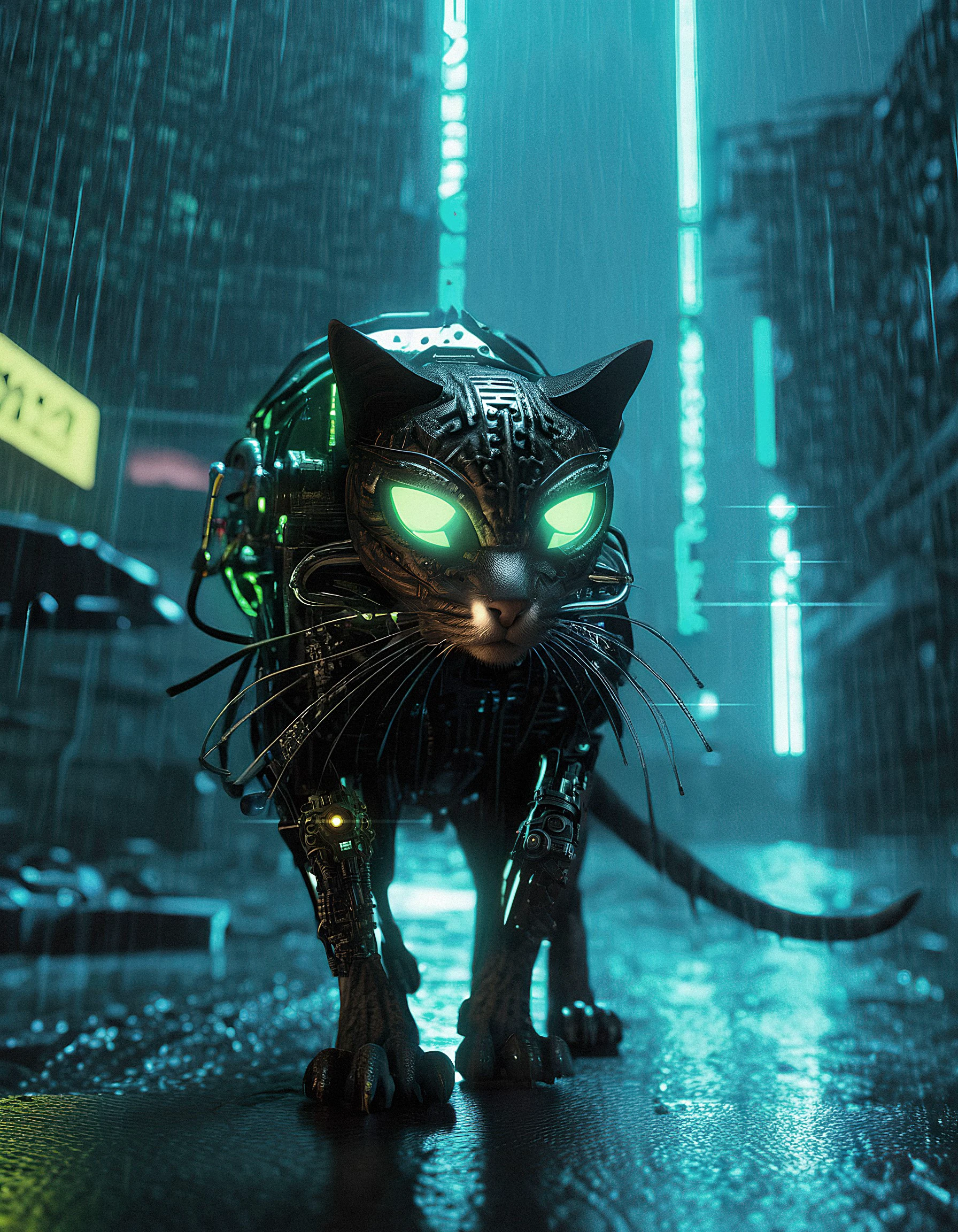 biomechanical cyberpunk backlight biomechanical cat stalking a mouse, walking in front of raining dark gloomy cyberpunk neon epic city, rtx, cybernetics, human-machine fusion, dystopian, organic meets artificial, dark, intricate, highly detailed