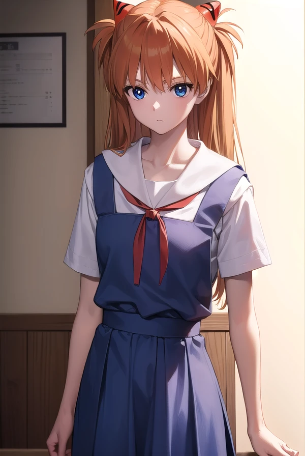 asukalangley, <lora:asukalangleysouryuu-lora-nochekaiser:1>,
asuka langley soryu, (souryuu asuka langley:1.5), blue eyes, hair between eyes, headgear, interface headset, orange hair, two side up,
BREAK blue dress, collarbone, dress, neck ribbon, pinafore dress, red ribbon, ribbon, school uniform, shirt, short sleeves, (tokyo-3 middle school uniform:1.5), suspenders, suspender skirt, white shirt,
BREAK indoors, classroom,
BREAK looking at viewer, (cowboy shot:1.5),
BREAK <lora:GoodHands-beta2:1>, (masterpiece:1.2), best quality, high resolution, unity 8k wallpaper, (illustration:0.8), (beautiful detailed eyes:1.6), extremely detailed face, perfect lighting, extremely detailed CG, (perfect hands, perfect anatomy),