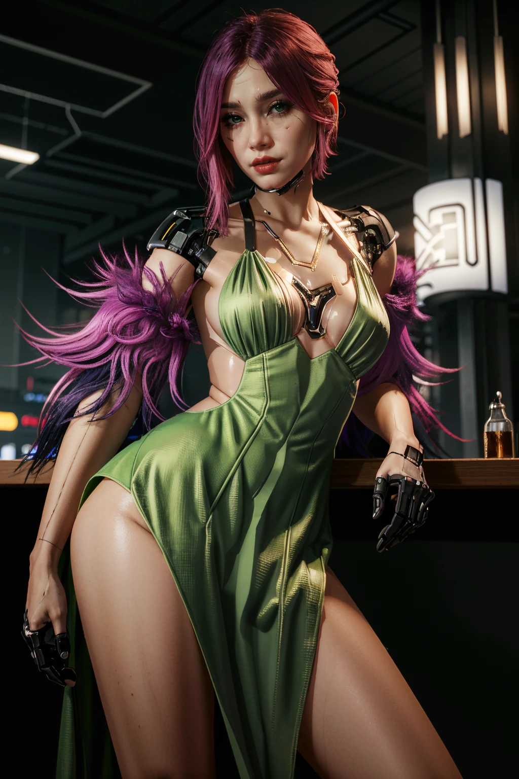 ( masterpiece, best quality, highres:1.3)
<lora:CyberSongbird:0.8>
CyberSongbird, solo, green dress, asymmetrical hair, 1girl, mechanical parts, cybernetic limb, fur, red lips, cyberpunk