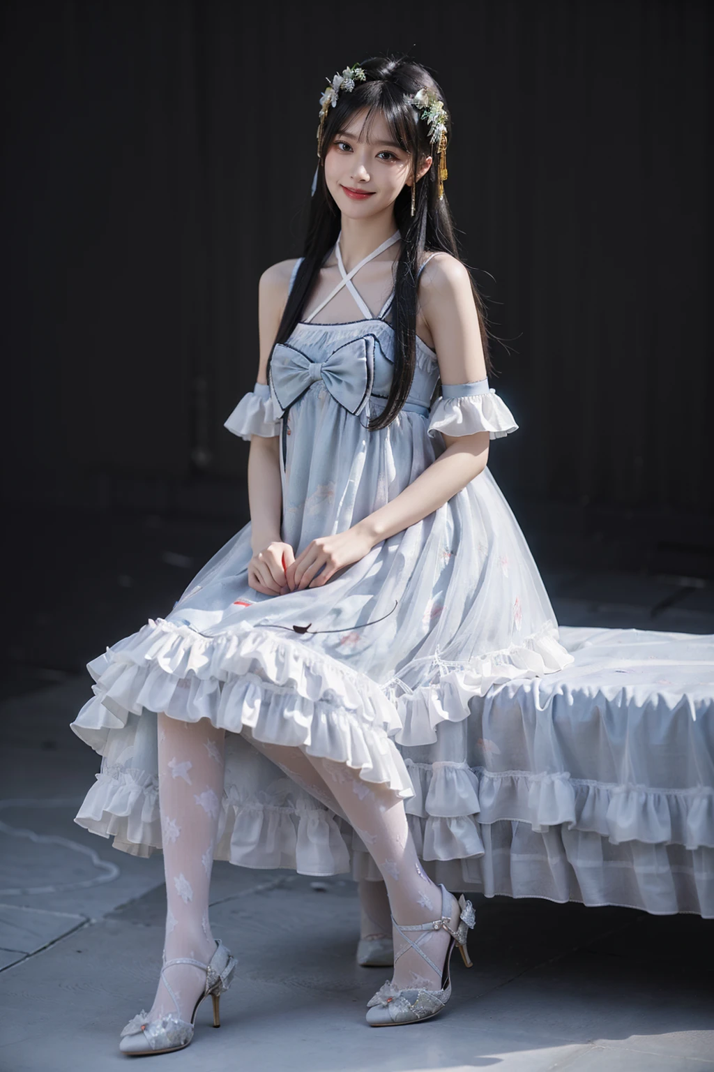 best quality, quality, masterpiece, photorealistic, 1girl, solo, sitting, full body, black hair, straight hair, looking at viewer, smile, hair ornament, cyb dress, chinese clothes, frills, halter dress,  print legwear, high heels, simple background, <lora:cns_attire_vol2_style3_v1:0.6>