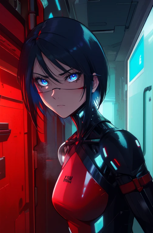 elster, black hair ,robot joints, blue eyes, looking at viewer, serious, short hair, nose guard, frameless glasses,
black and red bodysuit, armor,
standing, upper body, solo,
space station, indoors, dark, cyberpunk, red lights,
(insanely detailed, beautiful detailed face,beautiful detailed eyes, masterpiece, best quality)
<lora:elster:0.8>