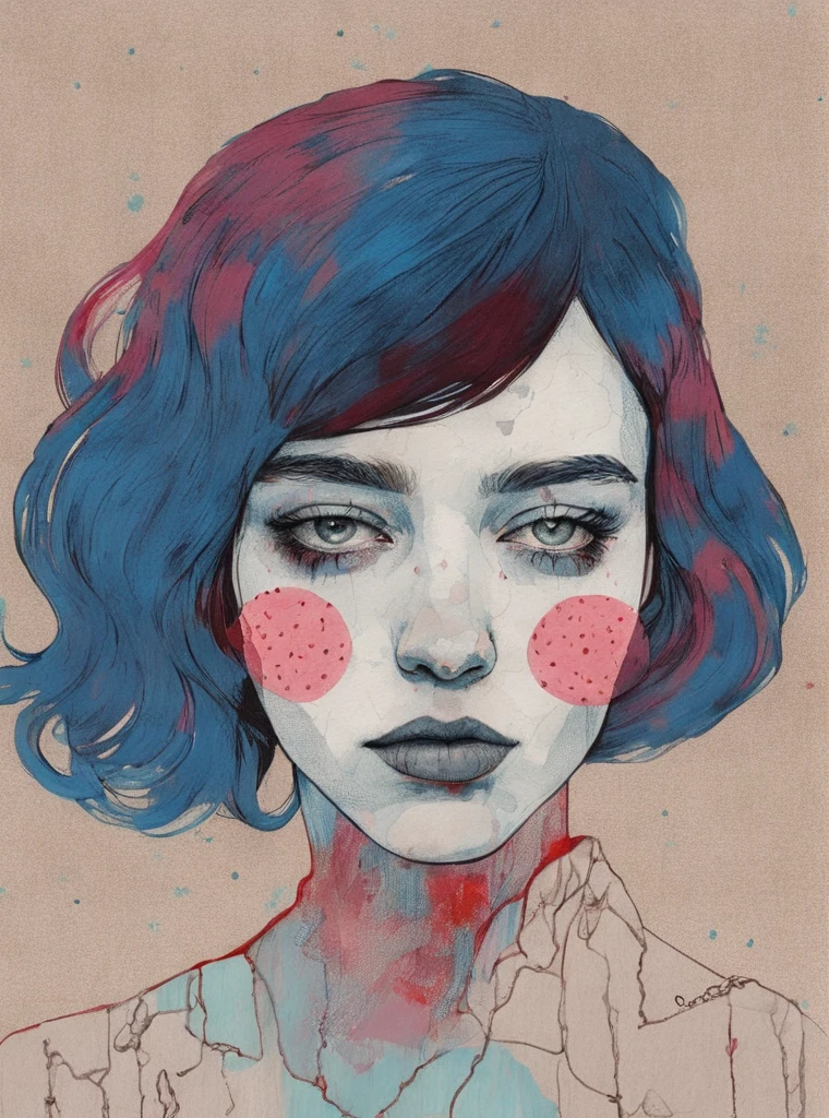 a drawing of a woman with bronze   and  indigo hair and a  alizarin and  ruby background with a  taupe spot, Conrad Roset, digital portrait, an ultrafine detailed painting, pop art, pop surrealism , <lora:Graphic_Portrait:0.75>