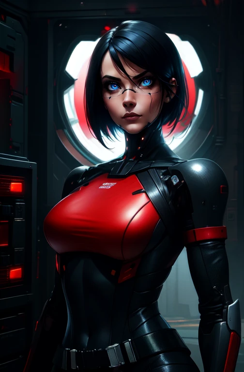 elster, black hair ,robot joints, blue eyes,  looking at viewer,   short hair,  frameless glasses, 
black and red  bodysuit,    large breasts,  blush,  puffy nipples, 
upper body, solo,   standing,   large breasts,  covered covered nipples,  leaning back, 
space station,  indoors,  dark, cyberpunk,  red lights,   from below,  
(insanely detailed, beautiful detailed face,beautiful detailed eyes, masterpiece, best quality) 
 <lora:elster:0.8>