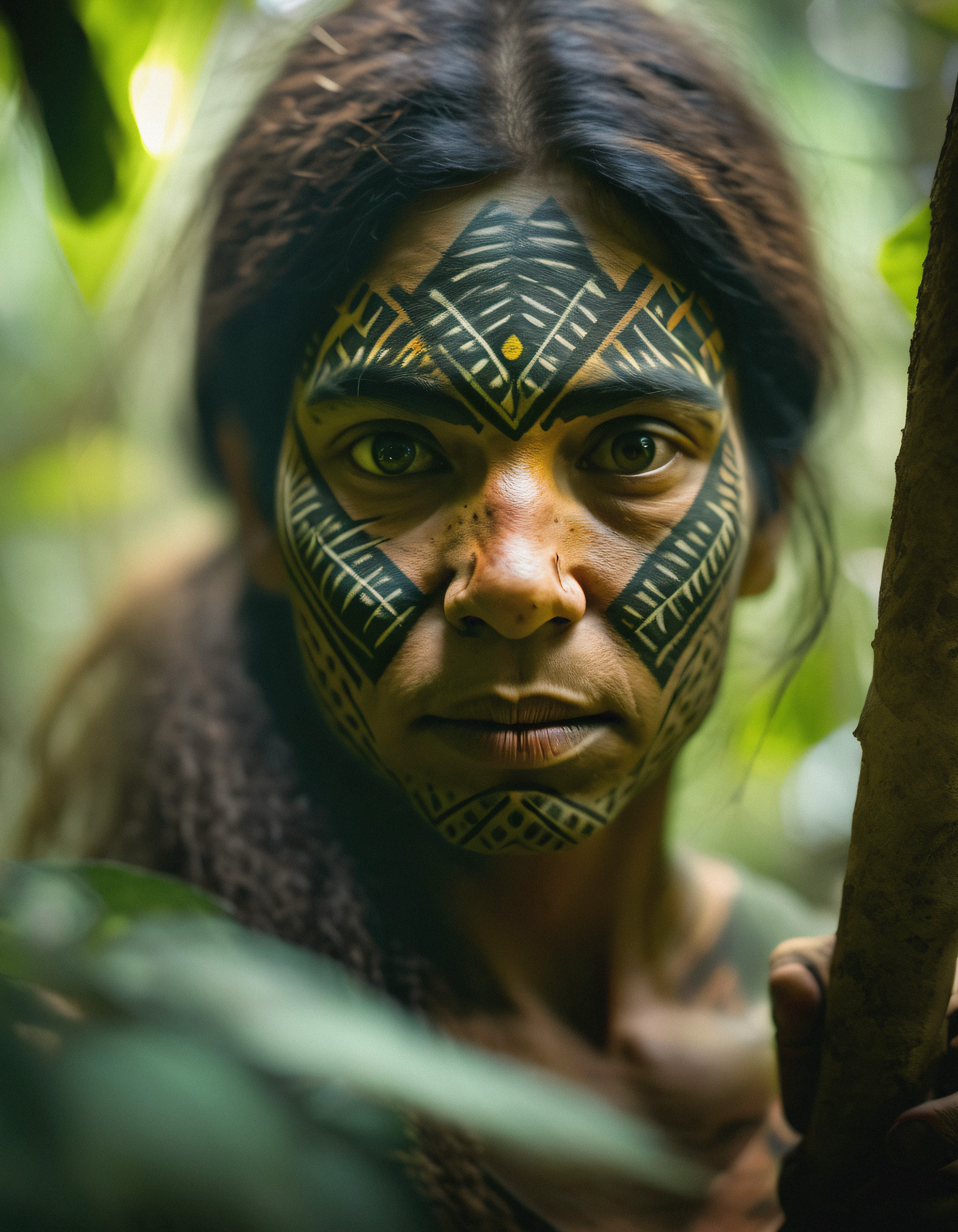 backlight, wilderness woman hunting in jungle hiding behind leaves, face paintings closeup face portrait, detailed eyes, nature documentary, dry skin, fuzzy skin, lens flare