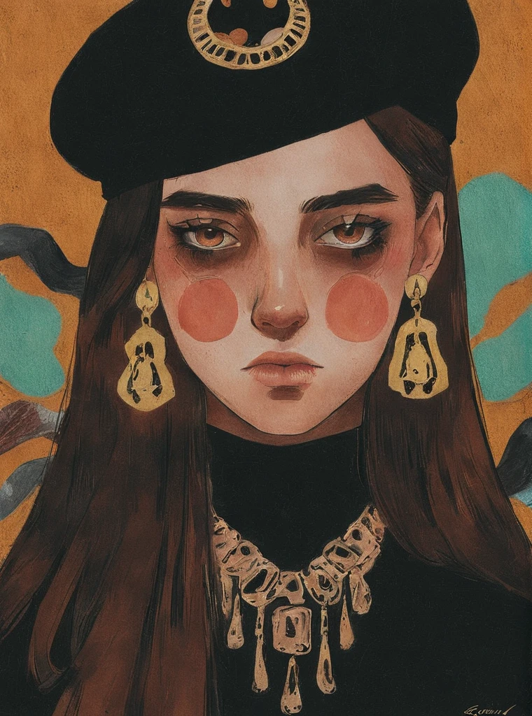 1girl, black headwear, brown eyes, earrings, hat, jewelry, long hair, looking at viewer, solo, upper body , pop surrealism , <lora:Graphic_Portrait:0.75>