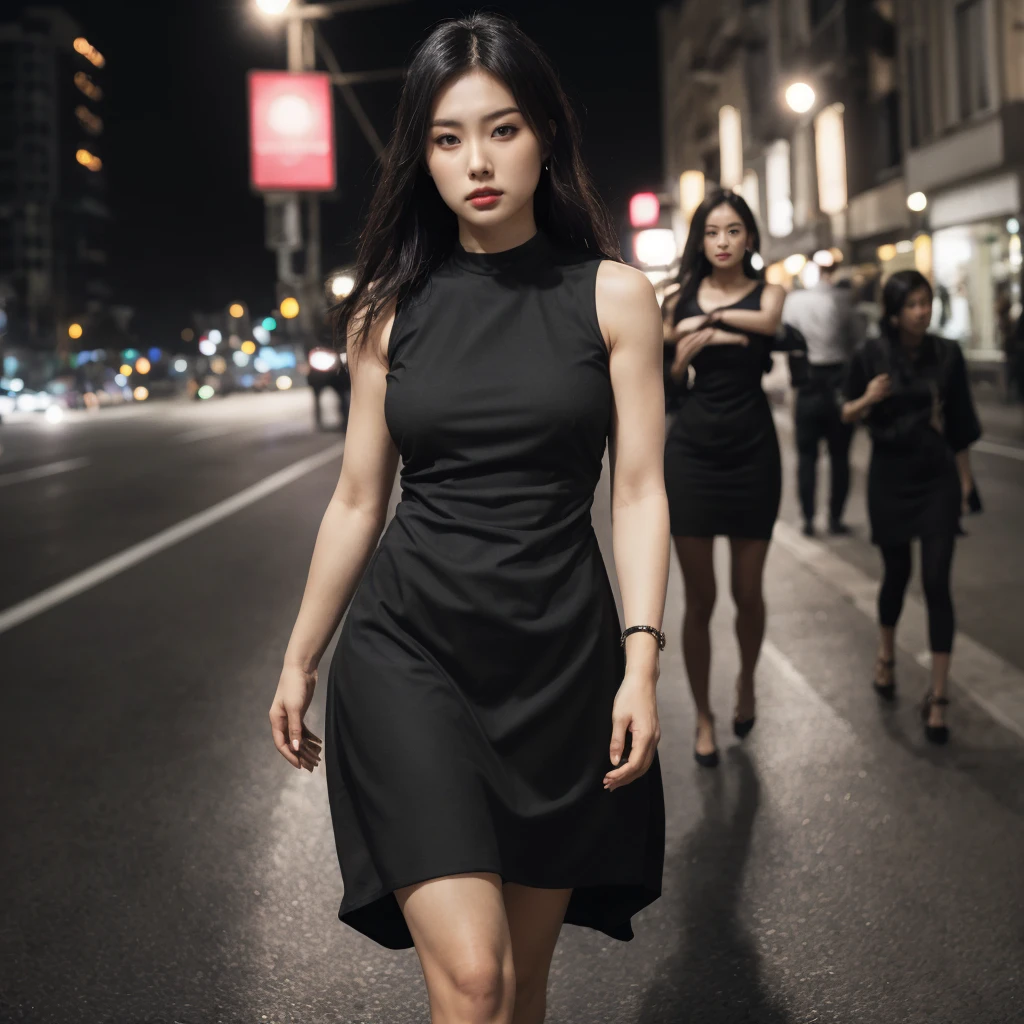 tall mature body, fair white skin, (upper body:1.2), (lower body:1.2), nikon RAW photo,8 k, Fujifilm XT3,masterpiece, best quality, realistic, photorealistic, ultra detailed, extremely detailed face, solo,1girl, standing at the dark empty streets, fashionable and trendy atmosphere, and a stylish expression on her face, (medium waist), (wide hip), (((black dress))), sleeveless, loose dress, (large breast), midnight, looking at viewer,