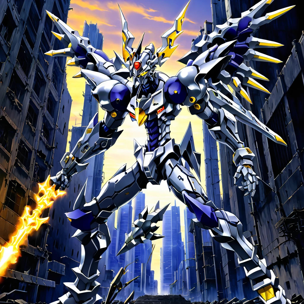 dynamic pose,from below,full body,solo,dorugoramon gundam,city ruins,wings,yellow eyes,mecha,cybernetic,biomechanical,horns,2d,anime,scene from neon genesis evangelion,intricate detaile,carbon fiber,art by kentaro miura,<lora:DORUgoramonXL:0.7>