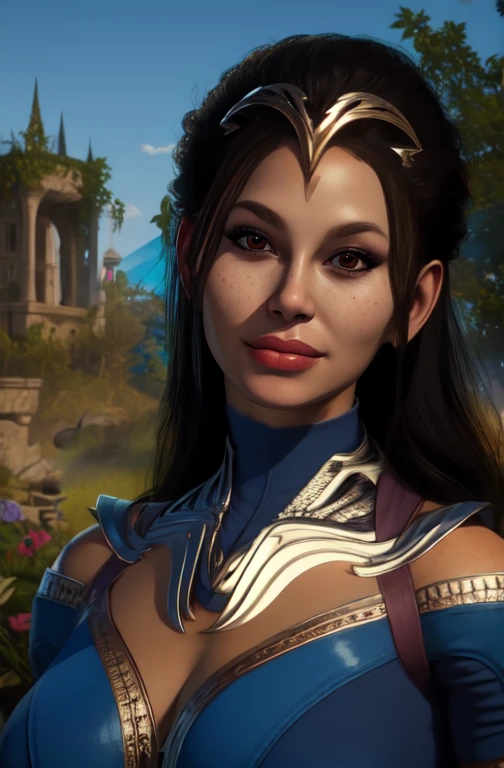 KitanaMK1, black hair, brown eyes, lips, jewelry, blue dress, cleavage, looking at viewer, royal garden. morning,
standing,upper body, smile (insanely detailed, beautiful detailed face, masterpiece, best quality), <lora:KitanaMK1-10v8:1>