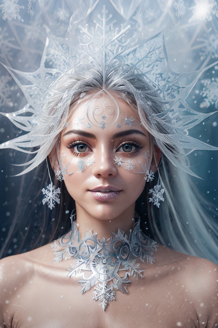 analog photo a (dynamic pose:1.2),(dynamic camera),(waist-length portrait Scandinavian smile a woman with a face painted with a swirl pattern),posing for fashion,(wind floating hair),(intricate snowflakes volumetric abstract background:1.3), in the style of intimacy, dreamscape portraiture, solarization, shiny kitsch pop art, solarization effect, reflections and mirroring, photobash, (composition centering, conceptual photography), (natural colors, correct white balance, color correction, dehaze,clarity) ,detailed textures, photography, detailed photography,photoshadow, Fujifilm Superia Premium 400